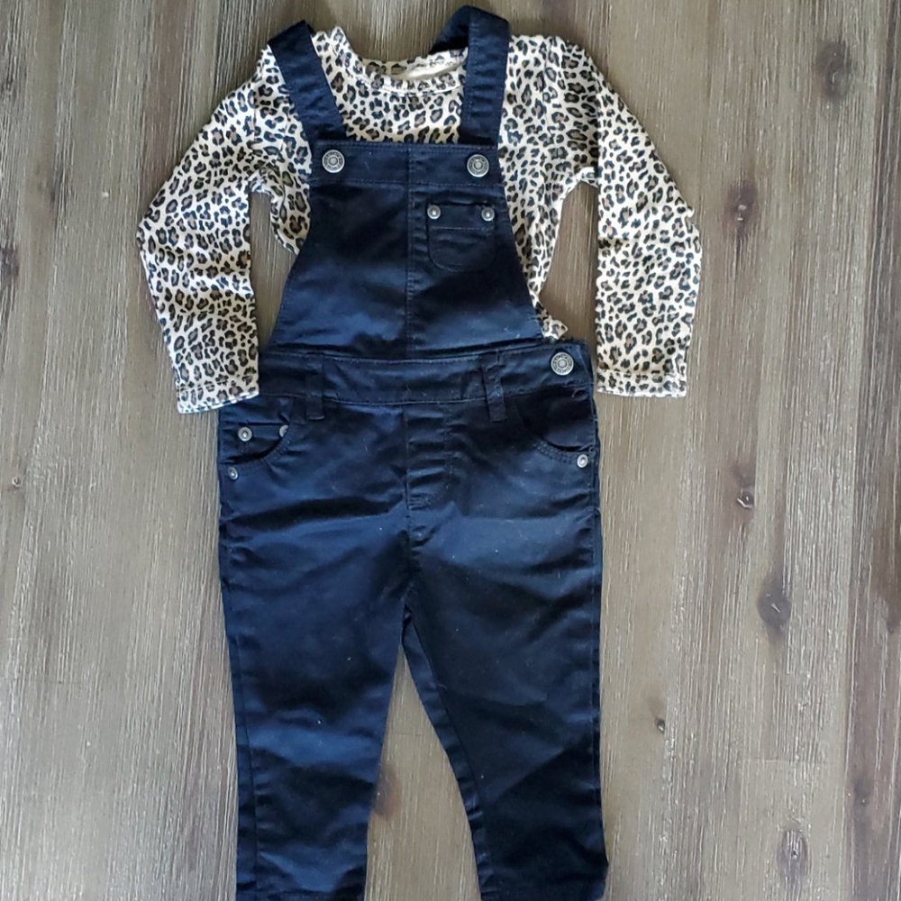 12m black overalls and leopard onesie